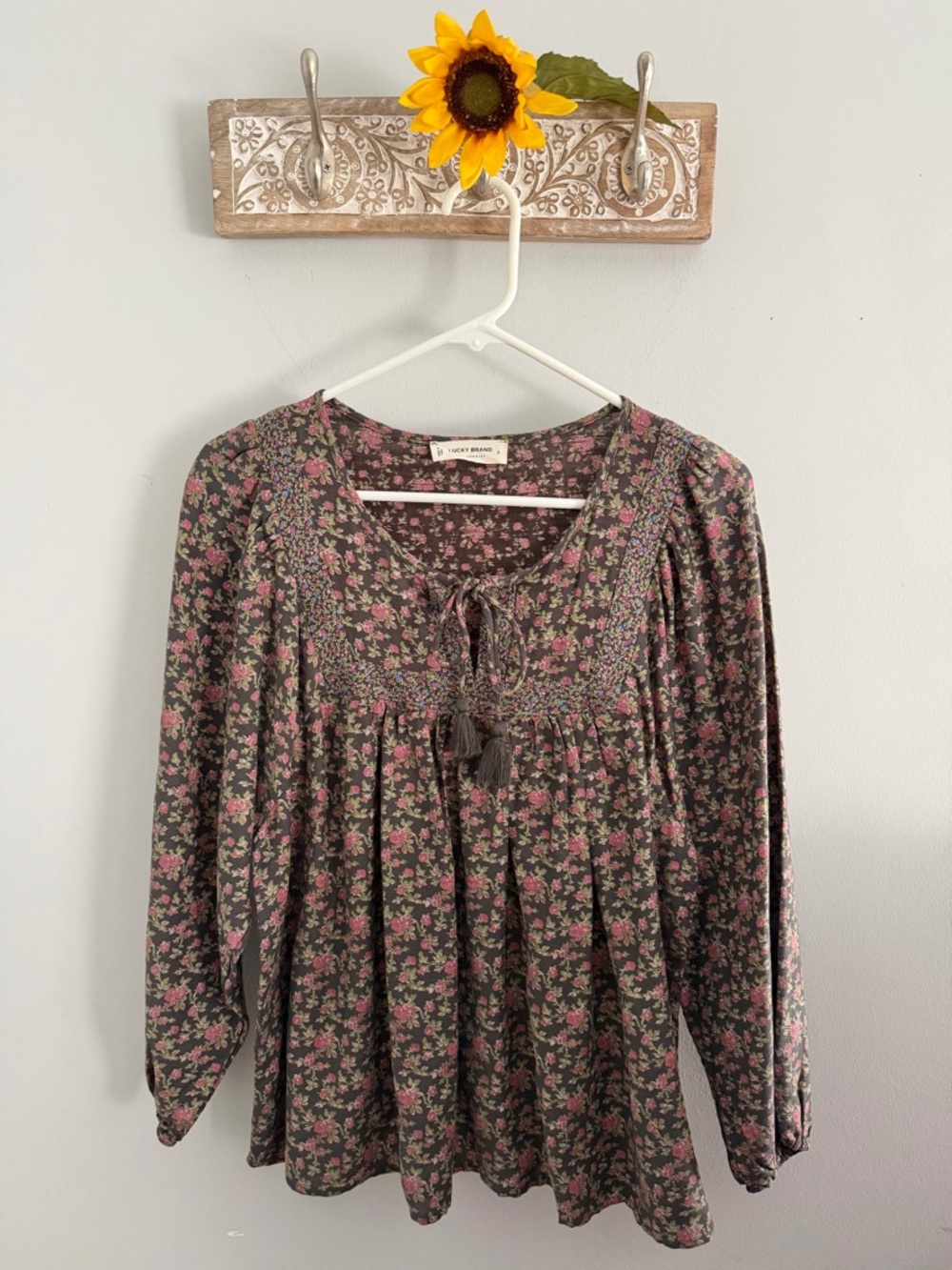 LUCKY BRAND Women’s Long Sleeve Mix Print Peasant Blouse-Black Multi-Size Small - Picture 2 of 12